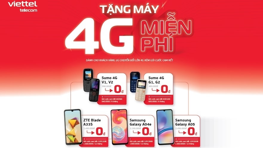 tặng điện thoại 4G khi mua gói cước của Viettel