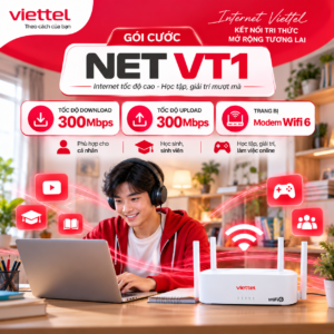 Internet Viettel gói NETVT1 tốc độ 300Mbps - Miễn phí Modem Wifi 6