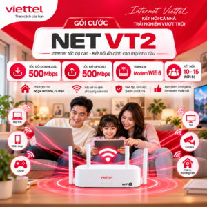 Gói cước Internet NETVT2 Viettel – Tốc độ 500Mbps–1Gbps, giá từ 240k/tháng